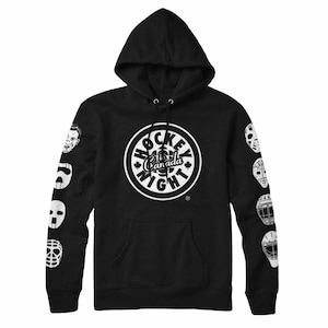 May include: Black hoodie with a white circle logo that says "Hockey Night in Canada" and white hockey mask graphics on the sleeves.