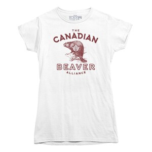 May include: White t-shirt with a red graphic of a beaver with a maple leaf on its back. The graphic says "The Canadian Beaver Alliance".