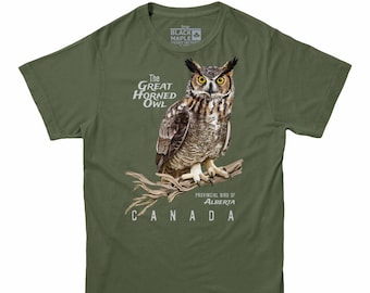 Alberta Great Horned Owl Provincial Bird Mens Tshirt | Provincial Bird Clothing | Canadian and Proud Shirt | Canadian Wildlife Tee