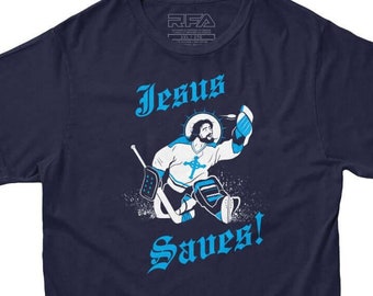 Funny Hockey T shirt | Jesus Saves Hockey T-shirt | Funny Goalie Shirt | Mens and Womens Sizes