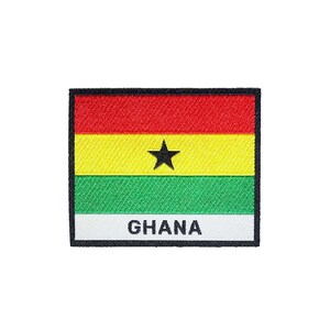 May include: A rectangular embroidered patch featuring the flag of Ghana. The flag has three horizontal stripes: red, yellow, and green. A black five-pointed star is centred on the yellow stripe. The words "GHANA" are printed in black below the flag.