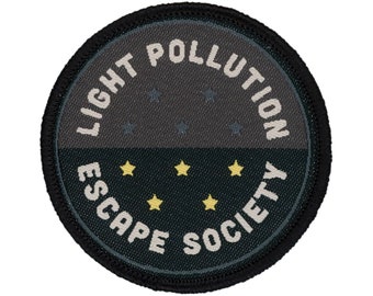 Light Pollution Escape Society Iron On Patch | Woven Glue Backed Camping Patches | Backpack Patches | Cool Funny Outdoor Patches for Jackets