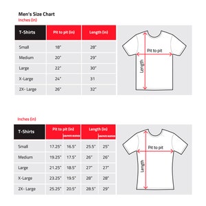 May include: A size chart for t-shirts with measurements in inches for pit to pit and length. The chart shows sizes from small to 2X-large. The chart also includes a graphic of a t-shirt with the measurements labeled.
