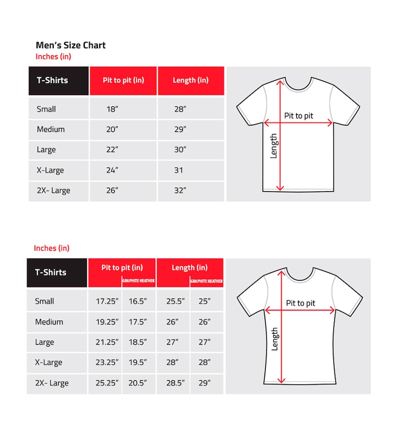May include: A size chart for t-shirts with measurements in inches for pit to pit and length. The chart shows sizes from small to 2X-large. The chart also includes a graphic of a t-shirt with the measurements labeled.