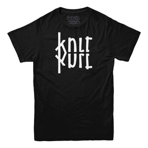 May include: Black t-shirt with a white graphic that says "knit kurl" in a stylized font.