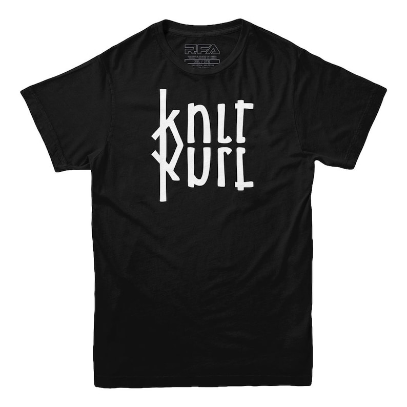 May include: Black t-shirt with a white graphic that says "knit kurl" in a stylized font.