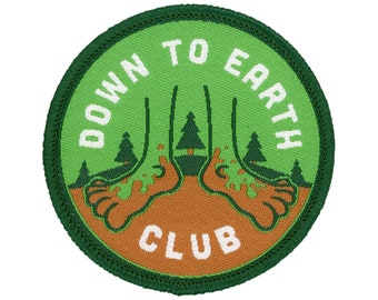 Down To Earth Club funny Iron On Patch | Woven Glue Backed Camping Patches | Backpack Patches | Cool Funny Camp Patches for Jackets