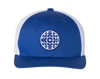 CBC Blue Gem Logo Blue with White Five Panel Trucker Cap | CBC Retro Blue Gem Baseball Hat | CBC Gem Premium Hat | Yupoong Flat Billed Cap