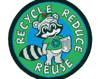 Recycle Raccoon Iron On Patch | Woven Sew On Funny Patches | Funny Backpack Travel Patches | Funny Patches for Jackets