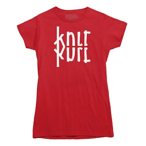 May include: Red t-shirt with white text that reads "knit kurl" in a stylized font.