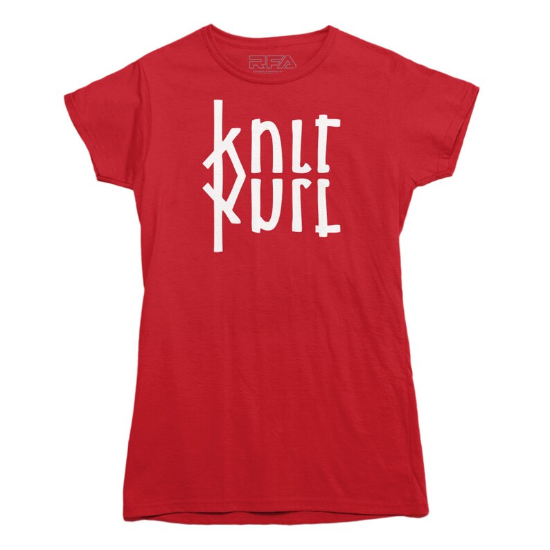 May include: Red t-shirt with white text that reads "knit kurl" in a stylized font.