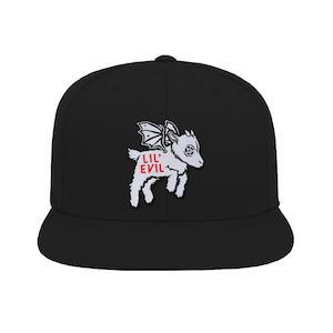 May include: Black baseball cap with a white embroidered patch of a winged goat with a pentagram on its forehead and the text "Lil' Evil" in red.