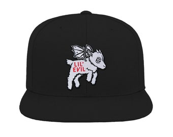 Lil' Evil Black Flat Brim Hat | Embroidered Sew On Flying Goat Hat | Evil Flying Goat Classic Snapback Hat | Baphomet Baseball Flat Brim Hat