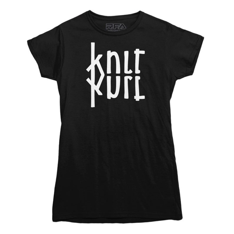 May include: Black t-shirt with a white graphic that says "knot" and "kurl" in a stylized font.