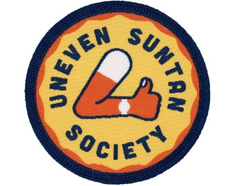 Uneven Suntan Society Iron On Patch | Woven Glue Backed Camping Patches | Backpack Patches | Cool Funny Camp Patches for Jackets