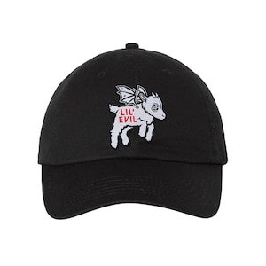 May include: Black baseball cap with an embroidered white goat with wings and the text "LIL' EVIL" in red.
