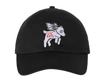 Lil' Evil Black Dad Cap | Embroidered Sew On Flying Goat Hat | Evil Flying Goat Dad Hat | Baphomet Baseball Hat