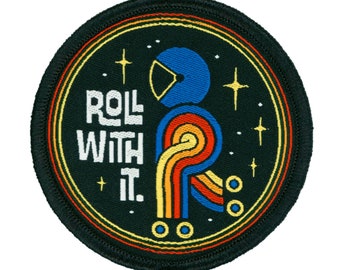 Roll With It Rollerskating Iron On Patch | Woven Sew On Funny Patches | Funny Backpack Travel Patches | Funny Patches for Jackets