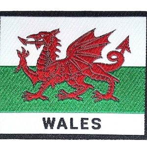 May include: A red dragon with wings and a tail, on a white background with a green stripe and the word "WALES" in black letters.