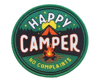 Happy Camper Iron On Patch | Woven Sew On Camping Patches | Backpack Travel Patches | Nature Patches for Jackets