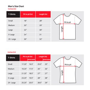 May include: A size chart for t-shirts with measurements in inches for pit to pit and length. The chart shows sizes from small to 2X-large. The chart also includes a graphic of a t-shirt with the measurements labeled.