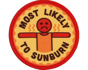 Most Likely to Sunburn funny Iron On Patch | Woven Glue Backed Camping Patches | Backpack Patches | Cool Funny Camp Patches for Jackets