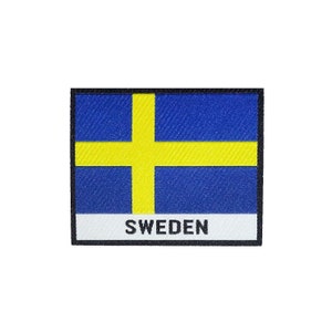 May include: An embroidered patch featuring the Swedish flag in blue and yellow with the word "SWEDEN" in black lettering.