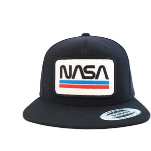 NASA Worm Logo Flat Brim Snapback Cap | NASA Yupoong Cap | NASA Premium Hat | Nasa Logo Baseball Cap