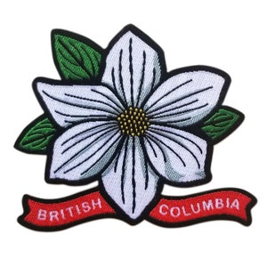 Peut inclure: Écusson brodé blanc en forme de fleur avec des feuilles vertes et un ruban rouge avec le texte "BRITISH COLUMBIA".