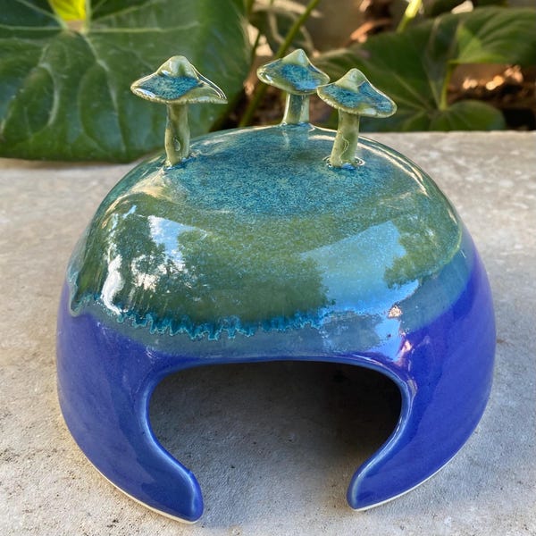 Handmade Porcelain Toad House in Blue and Green