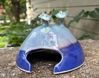 Handmade Porcelain toad House in Blue, Purple, and Misty Green