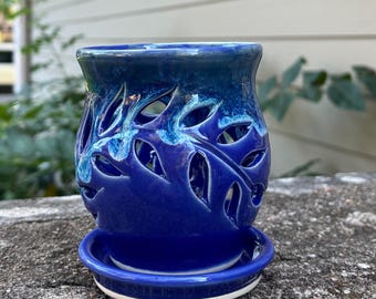 Handmade Mini Orchid Pot in Dark Blue and Misty Green Porcelain