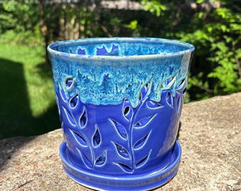 Large Handmade Orchid Pot in Royal Blue with Misty Green