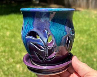 Handmade Mini Orchid Pot in Purple, Blue, and Teal Porcelain