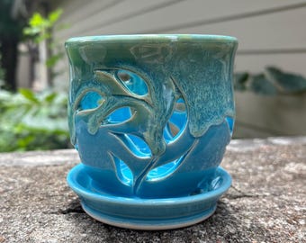 Handmade Mini Orchid Pot in Turquoise Blue and Misty Green Porcelain