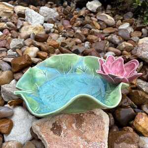 Porcelain Lily Pad Leaf Serving Plate with Pink Flower