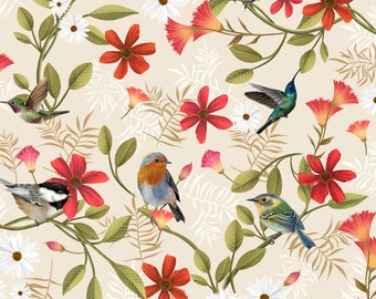 Coral Floral Fresco Prado algodón Acolchado tela Melissa Lowry Clothworks
