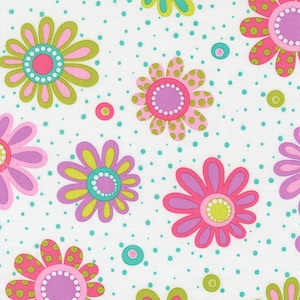 May include: A white fabric featuring a repeating pattern of stylized flowers in shades of pink, purple, and lime green. The flowers have circular centers with small white dots, and the background is filled with small, scattered teal polka dots.