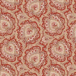 May include: A repeating pattern of paisley designs in shades of red, cream, and pink. The intricate floral and teardrop shapes create a classic, ornate textile design. The overall effect is a rich, detailed pattern.