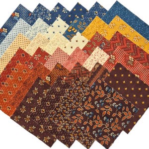 May include: A collection of assorted fabric squares in various patterns and colors. The squares feature floral, geometric, and paisley designs in shades of blue, red, gold, and brown. The fabric appears to be cotton, suitable for quilting or crafting projects.