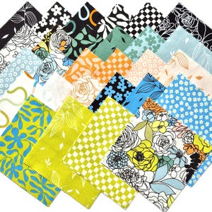 May include: A collection of assorted fabric swatches in various colors and patterns. Designs include floral, geometric, and abstract motifs in shades of black, white, blue, green, yellow, and orange. The fabric pieces are arranged in a diamond shape.