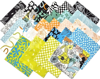 May include: A collection of assorted fabric swatches in various colors and patterns. Designs include floral, geometric, and abstract motifs in shades of black, white, blue, green, yellow, and orange. The fabric pieces are arranged in a diamond shape.