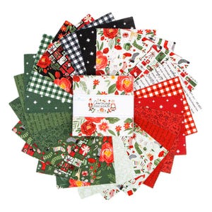 May include: A collection of Christmas-themed fabric squares arranged in a circular pattern. The fabrics feature various patterns, including floral designs, gingham, and holiday motifs in red, green, black, and white. The center displays a label with the text "Charming Christmas".