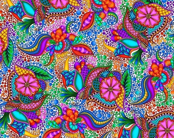 Puede incluir: Un vibrante patrón sin costuras con elementos florales y paisley estilizados. El diseño muestra un caleidoscopio de colores, incluyendo rosa, naranja, azul, verde y morado, con detalles intrincados y un fondo punteado. El tema general es un diseño floral artístico y colorido.