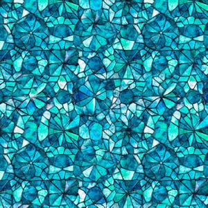 May include: A seamless pattern featuring a mosaic design in shades of teal, turquoise, and blue. The pattern is composed of irregular shapes that create a stained glass effect, with a watercolor texture.