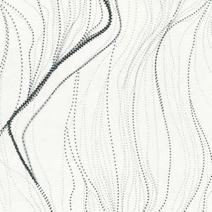 May include: Abstract black and white pattern featuring flowing lines composed of small dots. The design has a wavy, organic feel, with the dark lines contrasting against the white background. This pattern could be used for wallpaper or fabric.