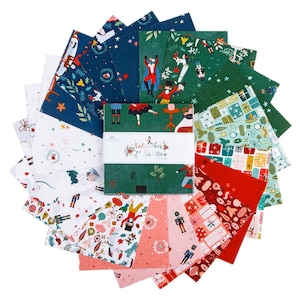 May include: A collection of Christmas-themed fabric squares in various colors, including red, green, and blue. The fabric features festive patterns like nutcrackers, gifts, and stars. The center of the collection has a label that reads "Nutcracker & Tradition".