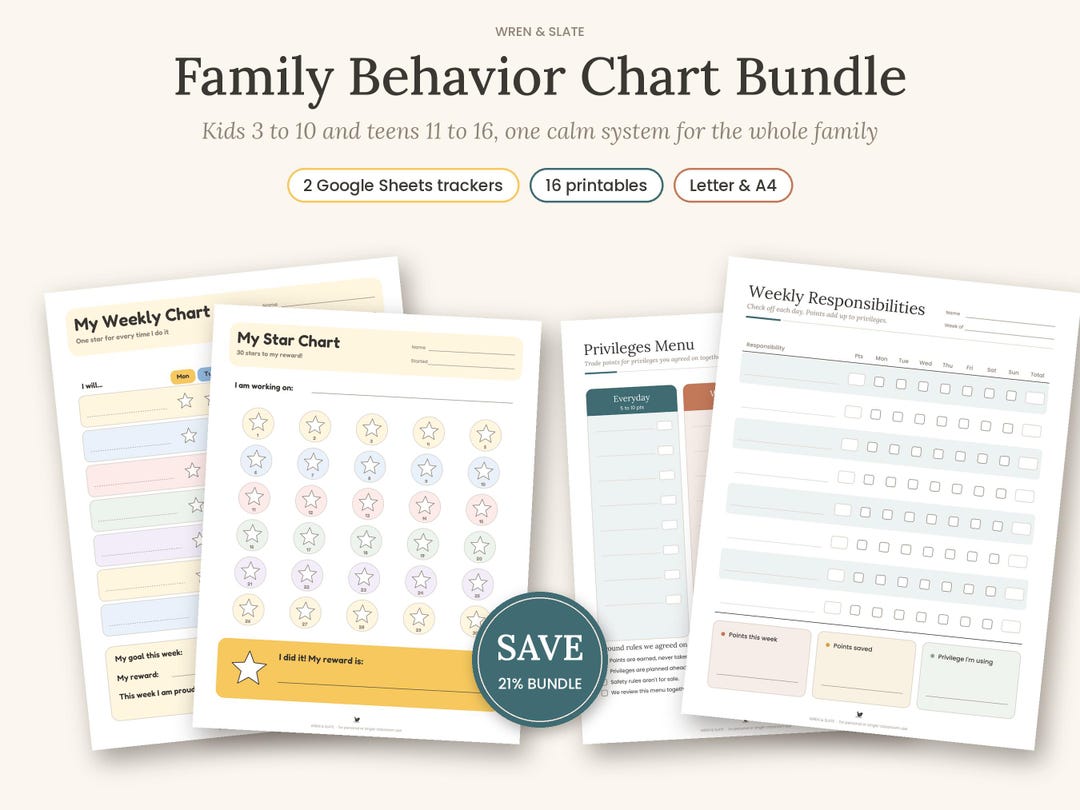 Family Behavior Chart Bundle, Kids + Teen Reward Chart Printable ...