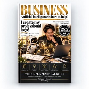 May include: A book cover titled BUSINESS Artificial intelligence is here to help! featuring a person and a small white robot working on a laptop. The cover includes text about creating a professional logo and practical steps for business branding.