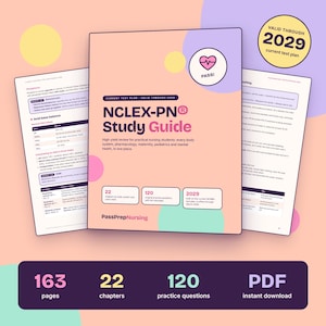 May include: An NCLEX-PN Study Guide with a peach cover, featuring a heart icon with the text PASS!, 22 chapters, 120 practice questions, and 2029 test plan validity. Includes two open pages showing nursing notes and a bottom summary bar.